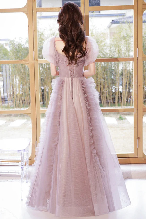 A-Line Tulle Long Prom Dress with Beaded Beautiful Off the Shoulder Evening Graduation Dress