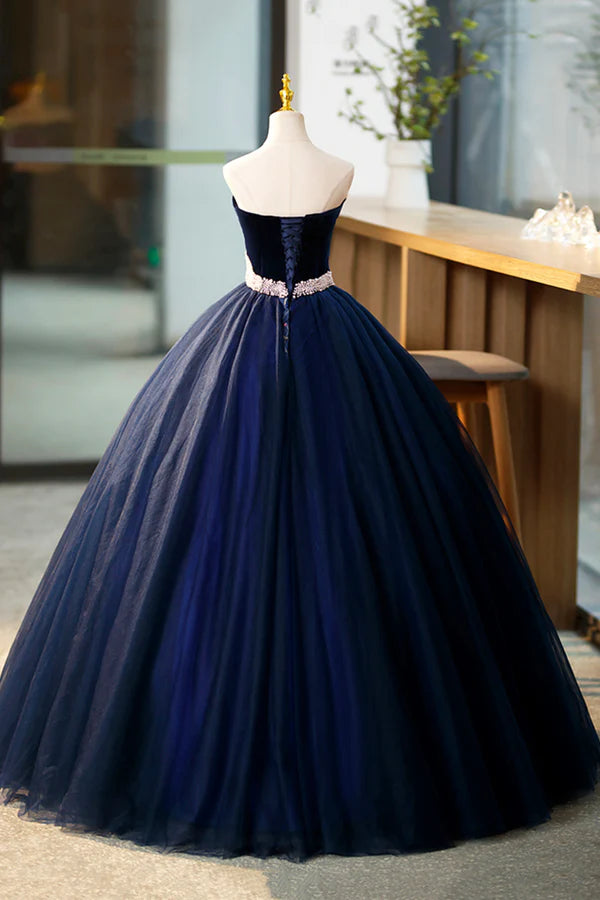 Blue Velvet Tulle Long Prom Dresses Blue Evening Party Dresses