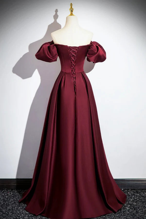 Burgundy Satin Floor Length Prom Dress Simple A-Line Evening Party Dress