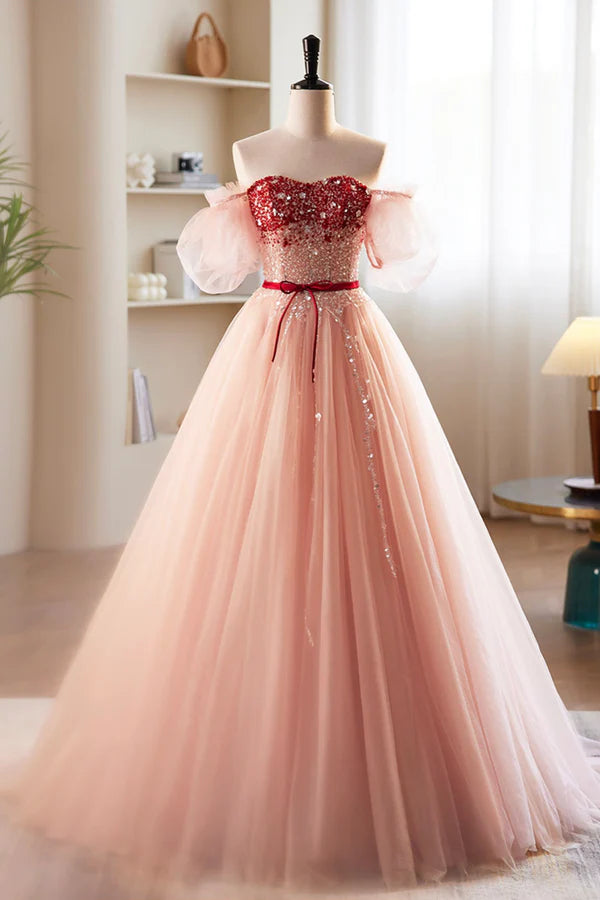 Pink Tulle Beaded Long Prom Dress A-Line Off Shoulder Evening Party Dress