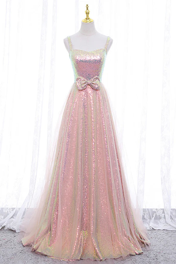 Pink Tulle Sequins Long Prom Dress Cute Short Sleeve Evening Dress