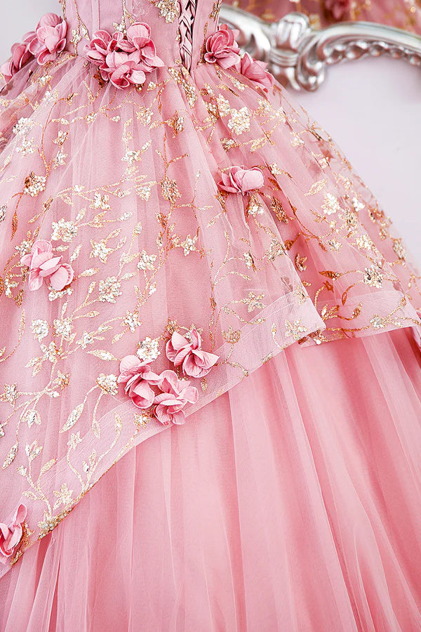Beautiful Pink Tulle Long Prom Dress with Flowers Lovely Tulle Sweet 16 Dress