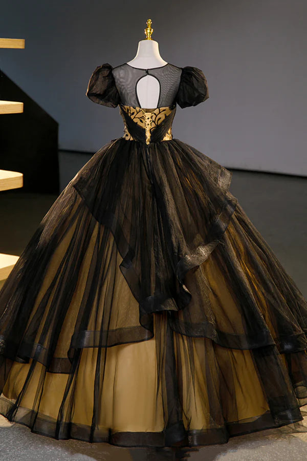 Black Tulle Lace Long Prom Dresses Black Short Sleeve Evening Dresses