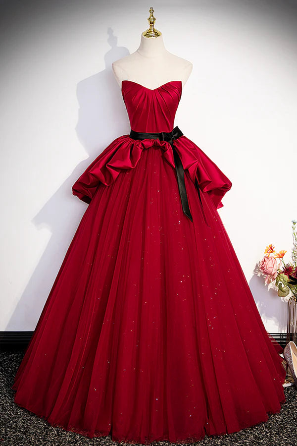 Burgundy Satin Tulle Long Prom Dress Off Shoulder Evening Dress