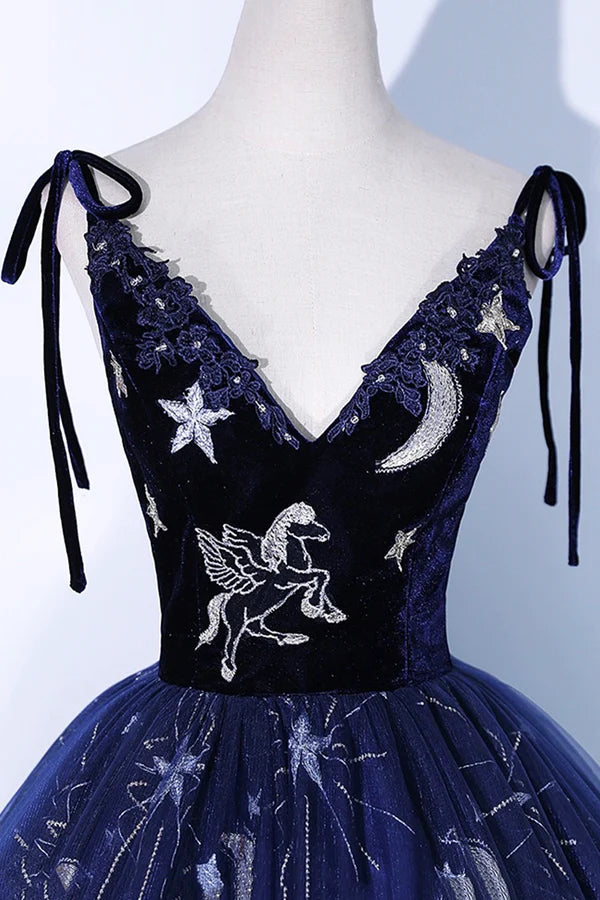 Beautiful Navy Blue Tulle Long Prom Dress Spaghetti Straps Lace Flower Backless Formal Dress