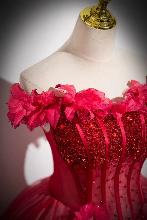 Dark Red Beading Prom Dress with Corset Off the Shoulder Short Sleeve Floor-Length Party Dress