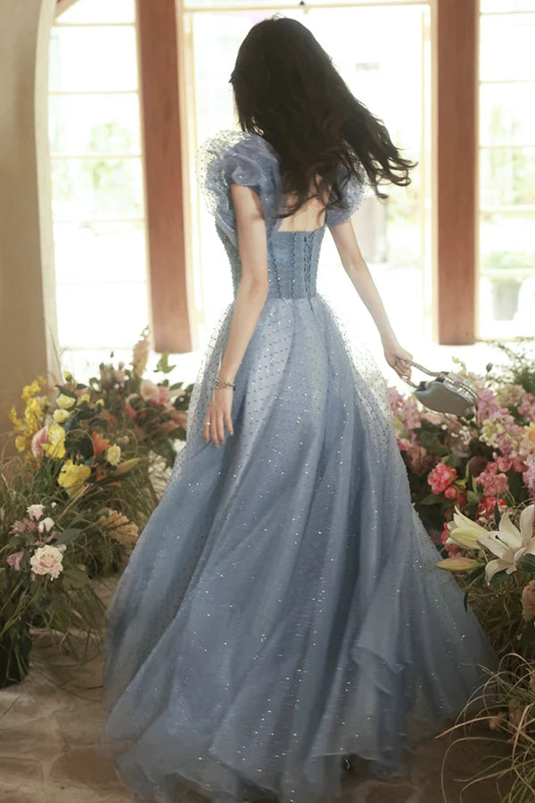 Gray Tulle Beaded Floor Length Prom Dress Beautiful Short Sleeve Evening Dress