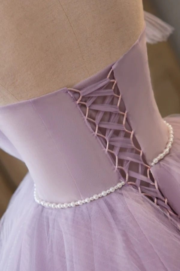 Lilac Strapless Tulle Long Prom Dresses with Pearls Belt Lilac Off the Shoulder Formal Evening Dresses