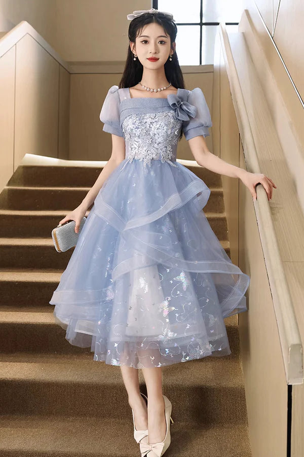 Blue Tulle Lace Knee Length Prom Dress Cute Short Sleeve Evening Party Dress
