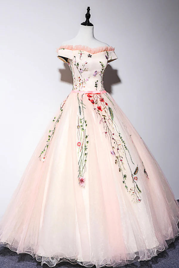 Cute Tulle Lace Long Formal Dress A-Line Off Shoulder Party Dress