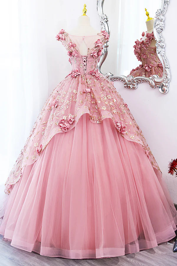 Beautiful Pink Tulle Long Prom Dress with Flowers Lovely Tulle Sweet 16 Dress