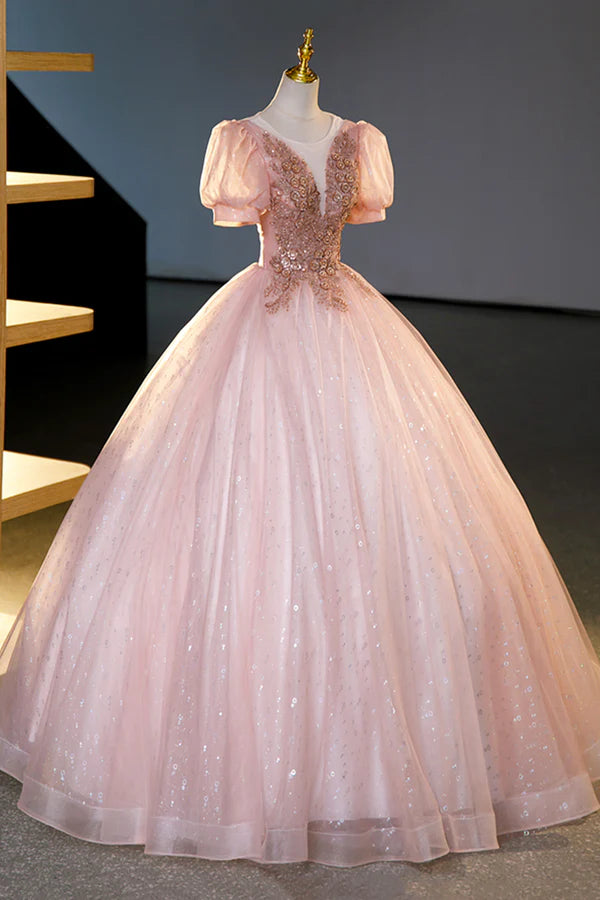 Pink Tulle Beaded Long Ball Gown Beautiful A-Line Prom Dress Pink Sweet 16 Dress