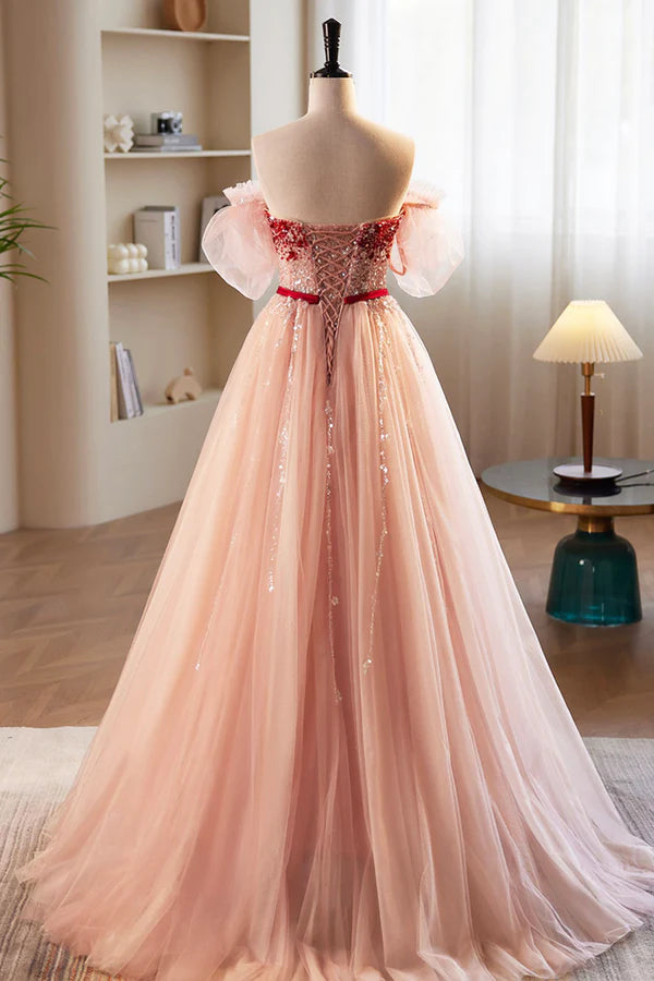 Pink Tulle Beaded Long Prom Dress A-Line Off Shoulder Evening Party Dress