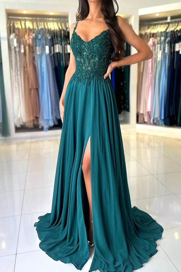 A-Line Chiffon Beaded Long Prom Dress Dark Green Spaghetti Strap Evening Dress