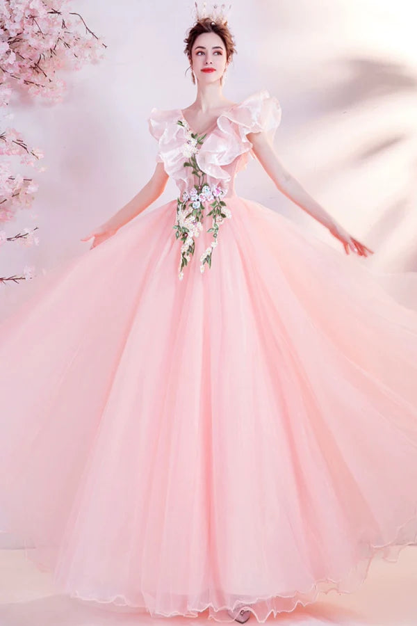 Pink V-Neck Tulle Long Prom Dress Beautiful Pink Evening Dress