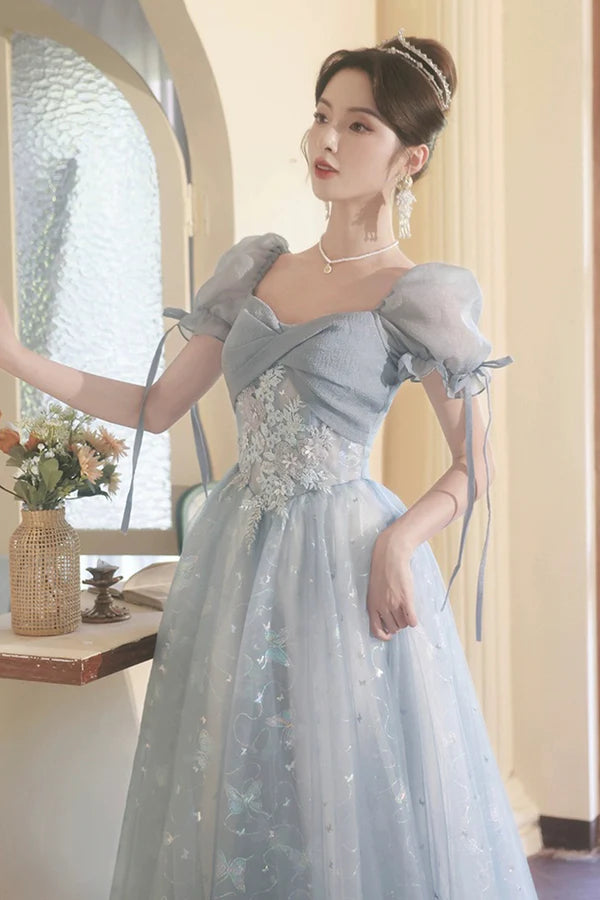 Beautiful Tulle Short Sleeves Formal Dress with Lace Lovely Blue Long Prom Dress