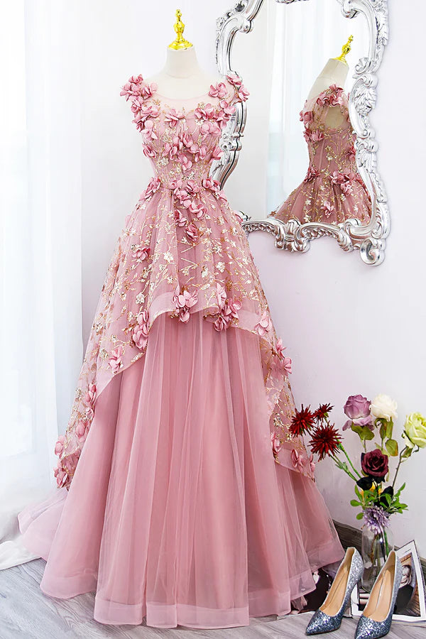 Beautiful Pink Tulle Long Prom Dress with Flowers Lovely Tulle Sweet 16 Dress