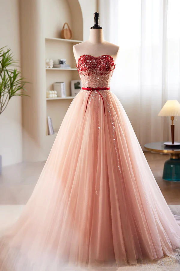 Pink Tulle Beaded Long Prom Dress A-Line Off Shoulder Evening Party Dress
