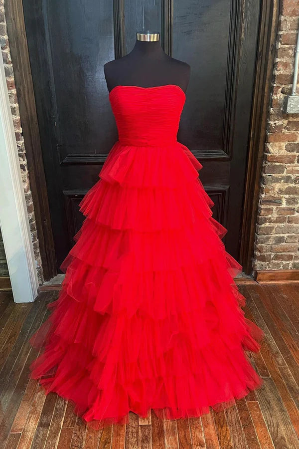 Red Strapless Tulle Layers Long Prom Dress A-line Sweetheart Red Evening Dress