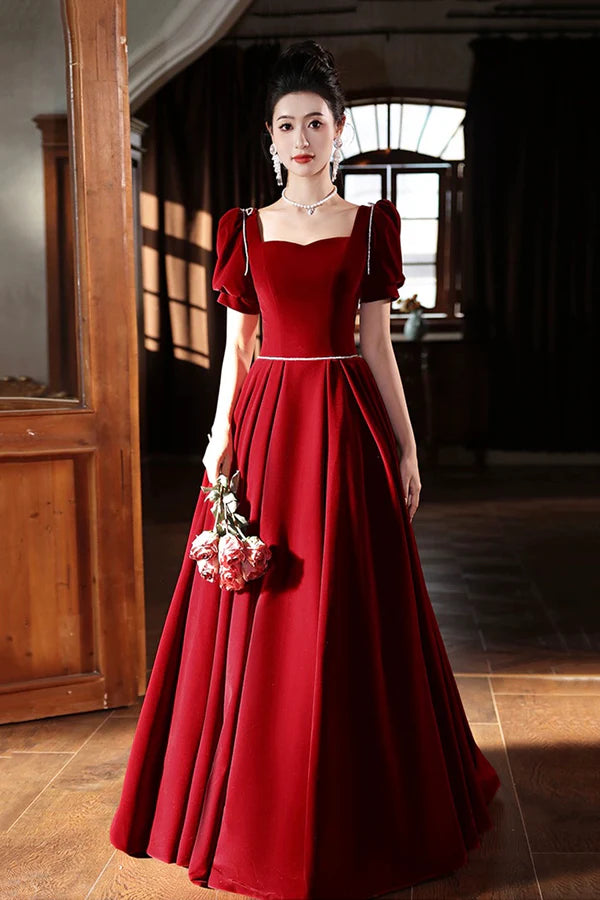 Burgundy Velvet Long A-Line Prom Dress A-Line Short Sleeve Evening Party Dress