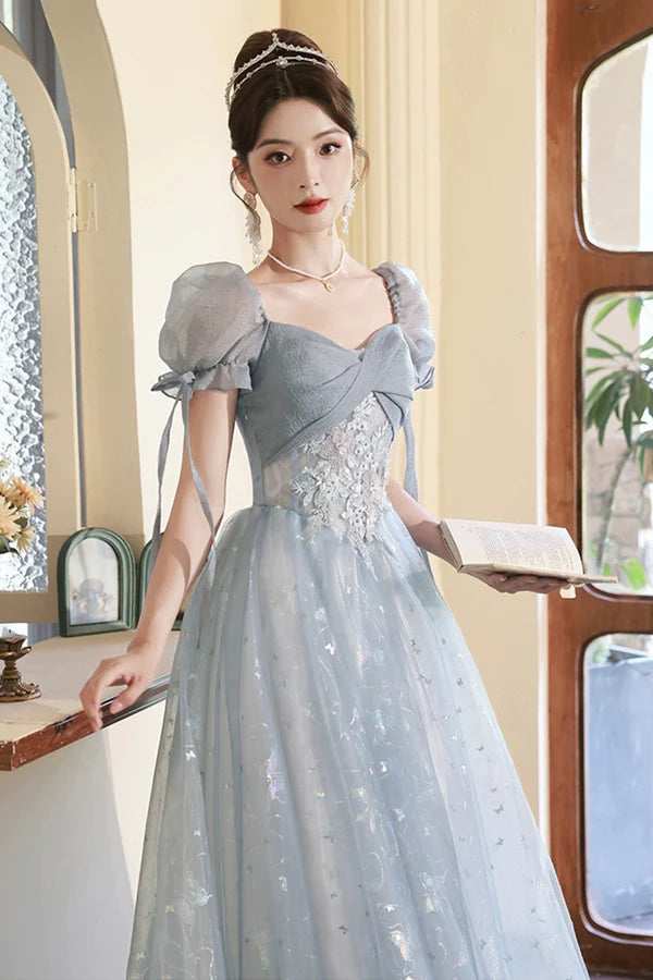 Beautiful Tulle Short Sleeves Formal Dress with Lace Lovely Blue Long Prom Dress