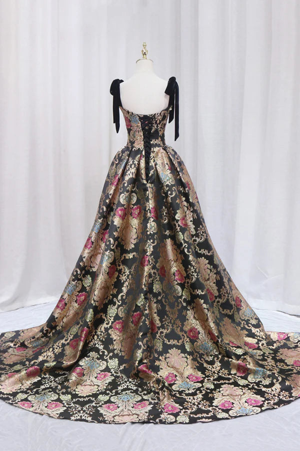 Unique Floral Floor Length Prom Dress A-Line Black Evening Dress