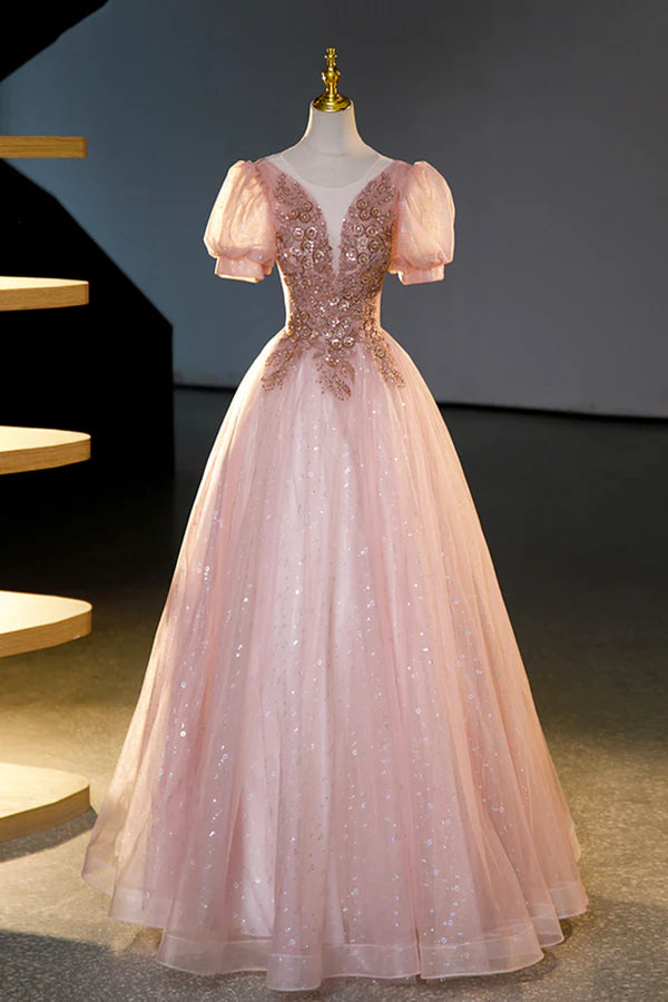 Pink Tulle Beaded Long Ball Gown Beautiful A-Line Prom Dress Pink Sweet 16 Dress