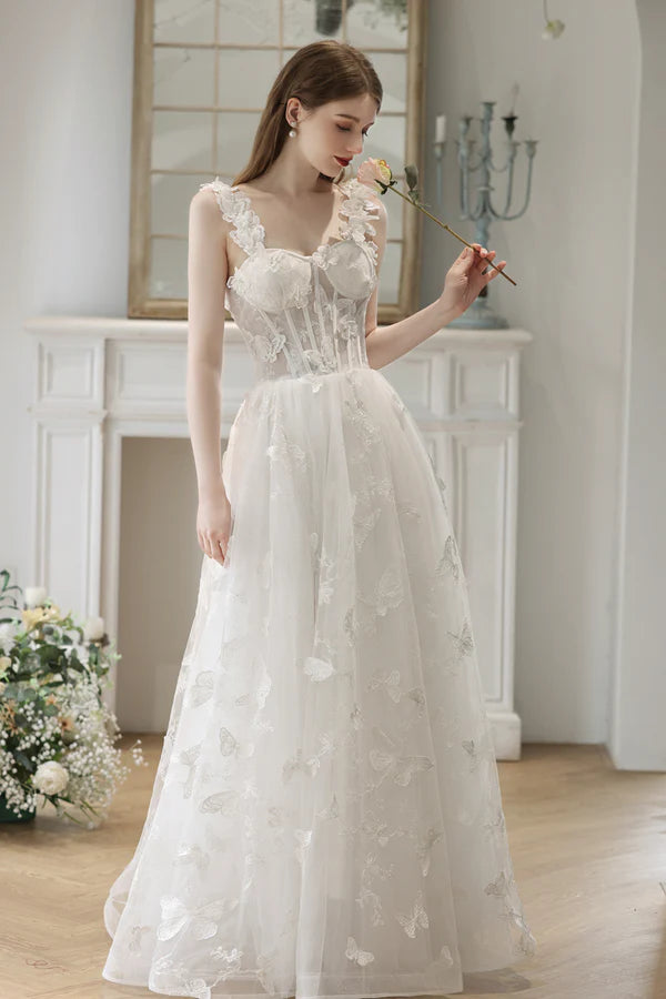 White Lace with Butterflies Long Formal Dress White Prom Dress