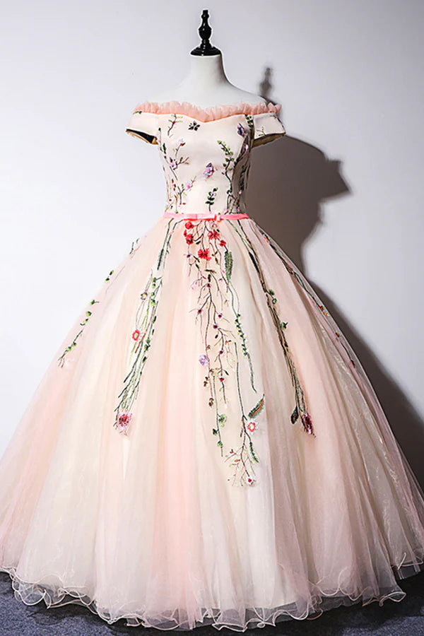 Cute Tulle Lace Long Formal Dress A-Line Off Shoulder Party Dress