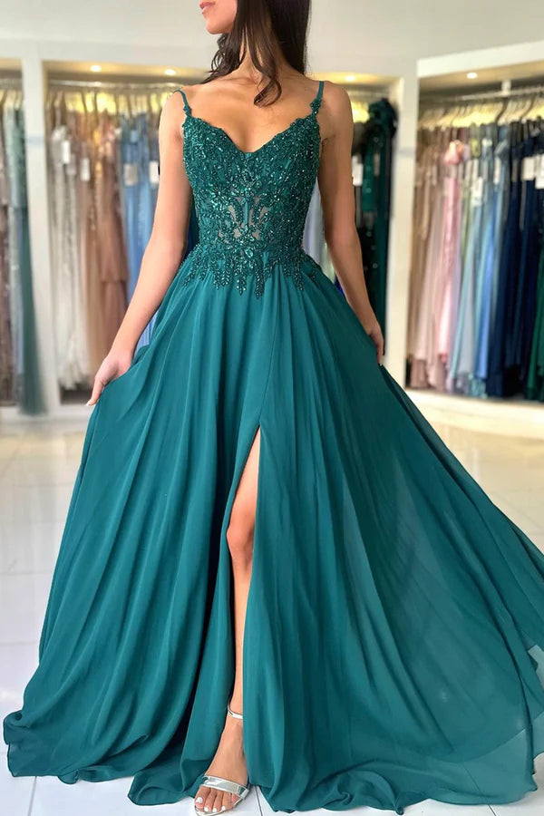 A-Line Chiffon Beaded Long Prom Dress Dark Green Spaghetti Strap Evening Dress