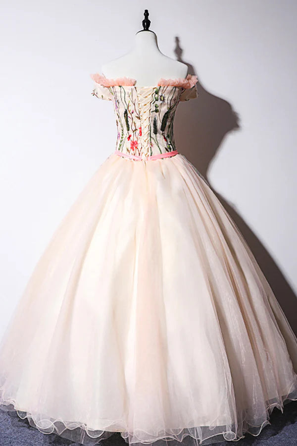 Cute Tulle Lace Long Formal Dress A-Line Off Shoulder Party Dress