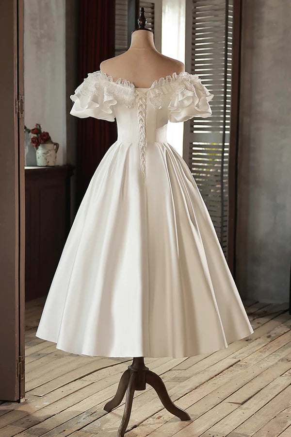 White Satin Lace Off Shoulder Prom Dress White Evening Dress Wedding Dress
