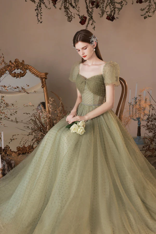 Green Tulle Long A-Line Prom Dress Cute Evening Dress
