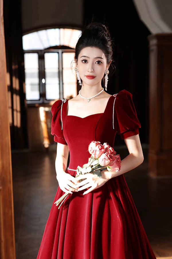 Burgundy Velvet Long A-Line Prom Dress A-Line Short Sleeve Evening Party Dress
