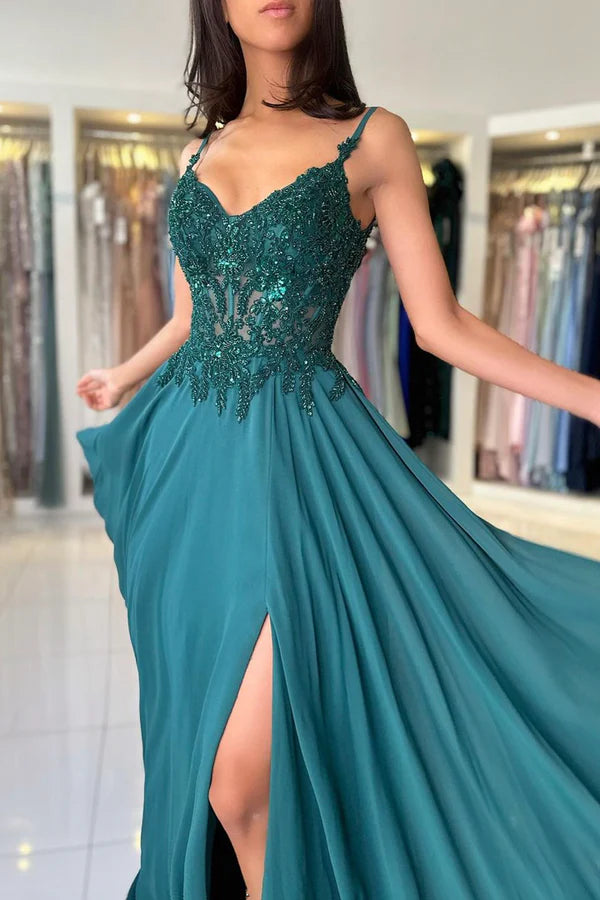 A-Line Chiffon Beaded Long Prom Dress Dark Green Spaghetti Strap Evening Dress