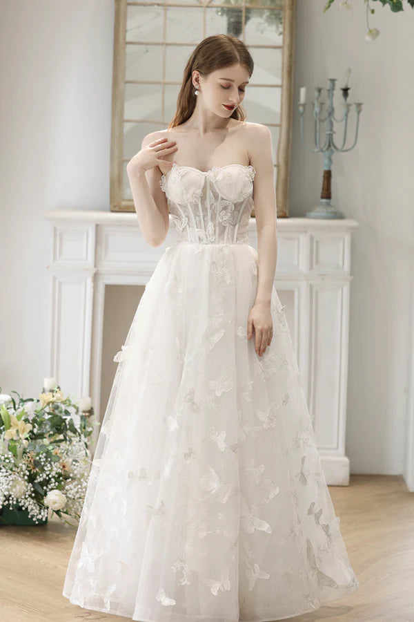 White Lace with Butterflies Long Formal Dress White Prom Dress