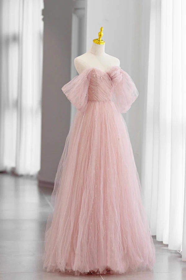 Pink Tulle Floor Length Prom Dress Cute A-Line Evening Party Dress