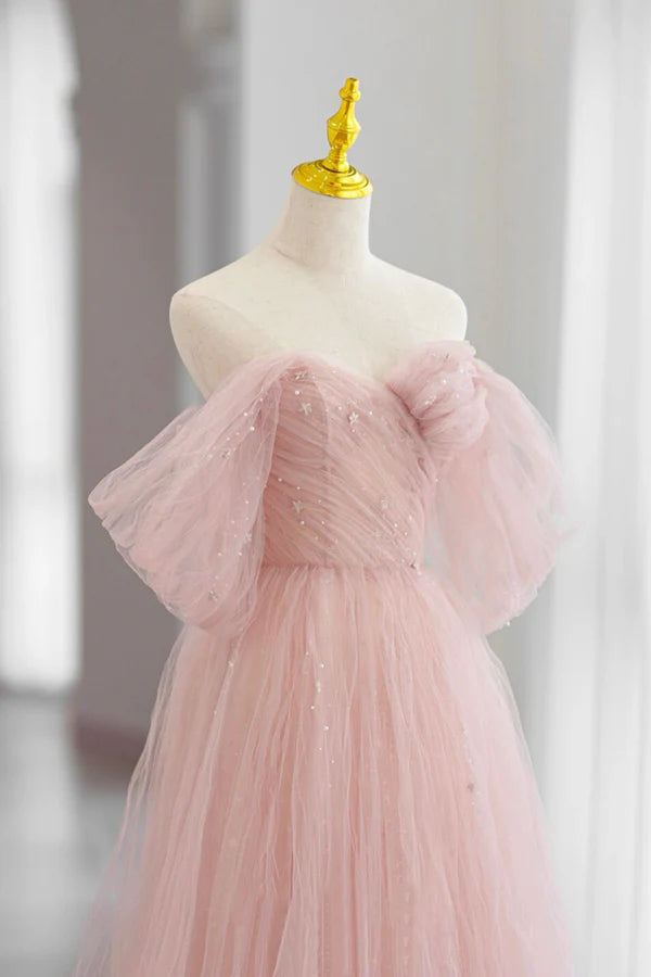 Pink Tulle Floor Length Prom Dress Cute A-Line Evening Party Dress