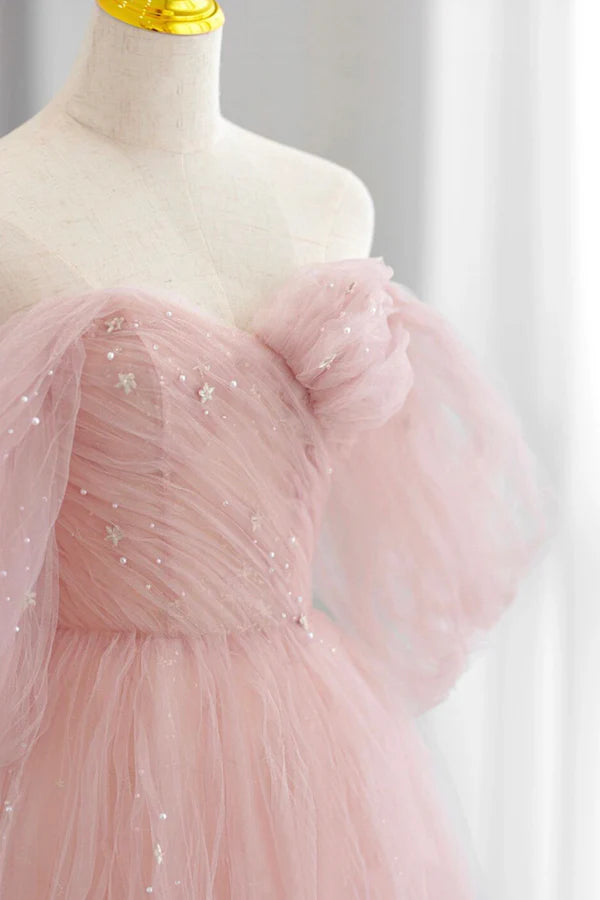 Pink Tulle Floor Length Prom Dress Cute A-Line Evening Party Dress