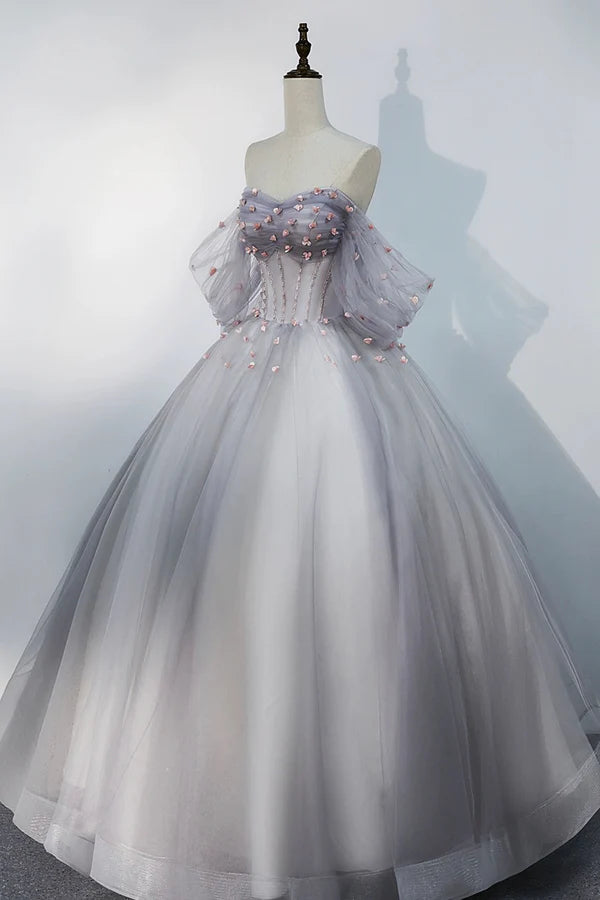 Gray Tulle Floor Length Prom Dress Off the Shoulder Evening Party Dress