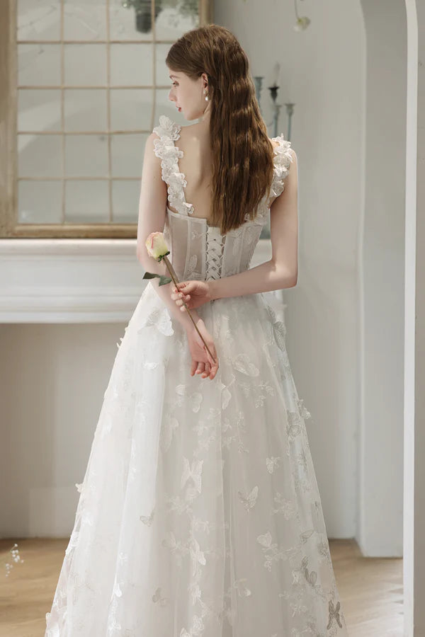 White Lace with Butterflies Long Formal Dress White Prom Dress