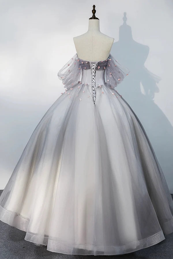 Gray Tulle Floor Length Prom Dress Off the Shoulder Evening Party Dress