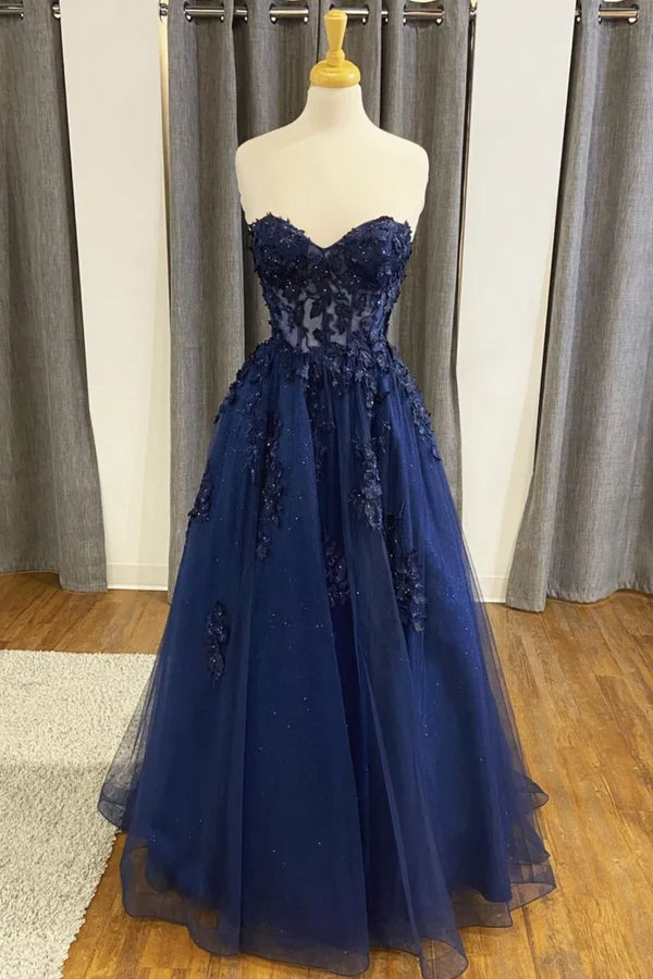 Blue Strapless Lace Long Prom Dress A-Line Evening Dress Party Dress