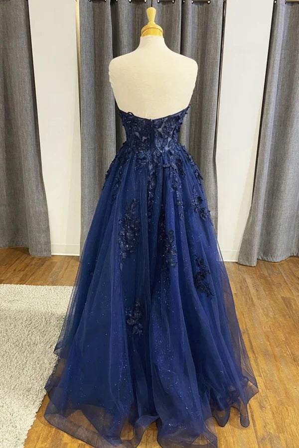 Blue Strapless Lace Long Prom Dress A-Line Evening Dress Party Dress