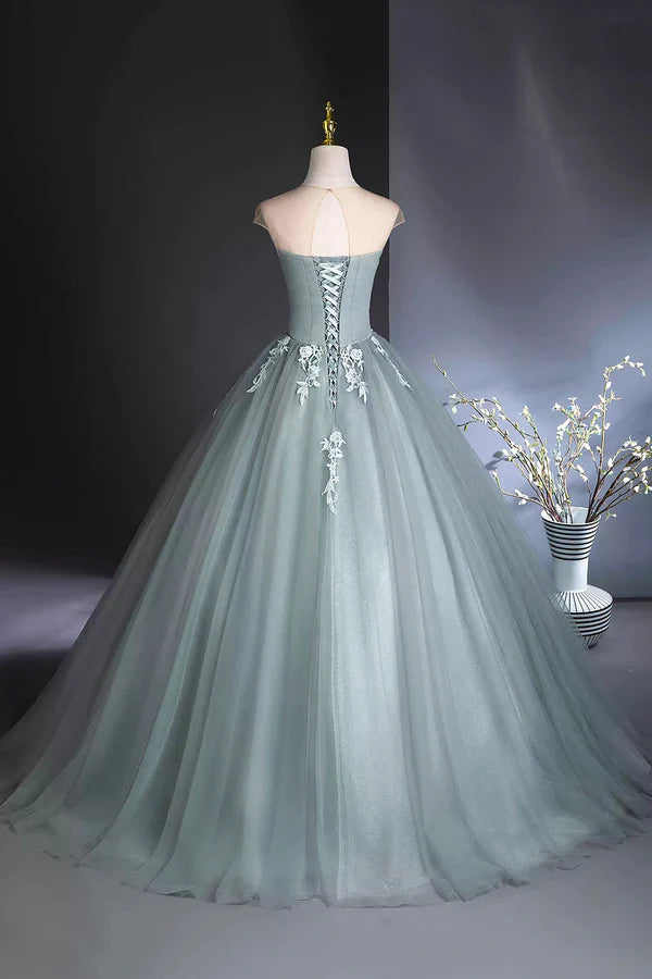 Dusty Green Tulle Floor Length Prom Dress with Lace Elegant A-Line Formal Evening Dress