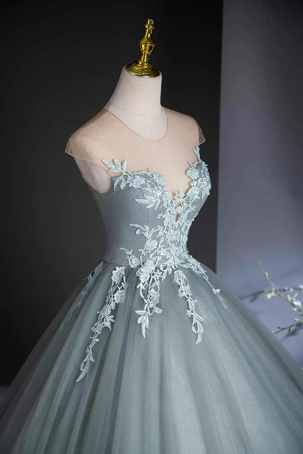 Dusty Green Tulle Floor Length Prom Dress with Lace Elegant A-Line Formal Evening Dress