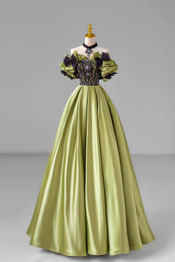 Green Satin Floor Length Prom Dress with Lace Green Evening Party Dress