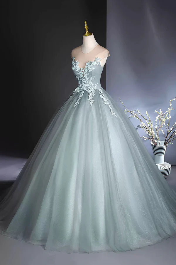 Dusty Green Tulle Floor Length Prom Dress with Lace Elegant A-Line Formal Evening Dress