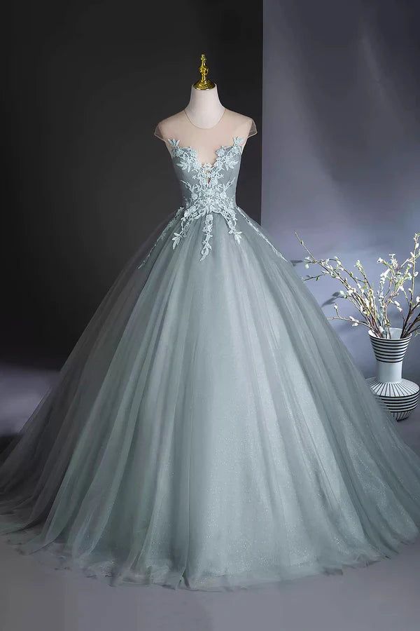 Dusty Green Tulle Floor Length Prom Dress with Lace Elegant A-Line Formal Evening Dress