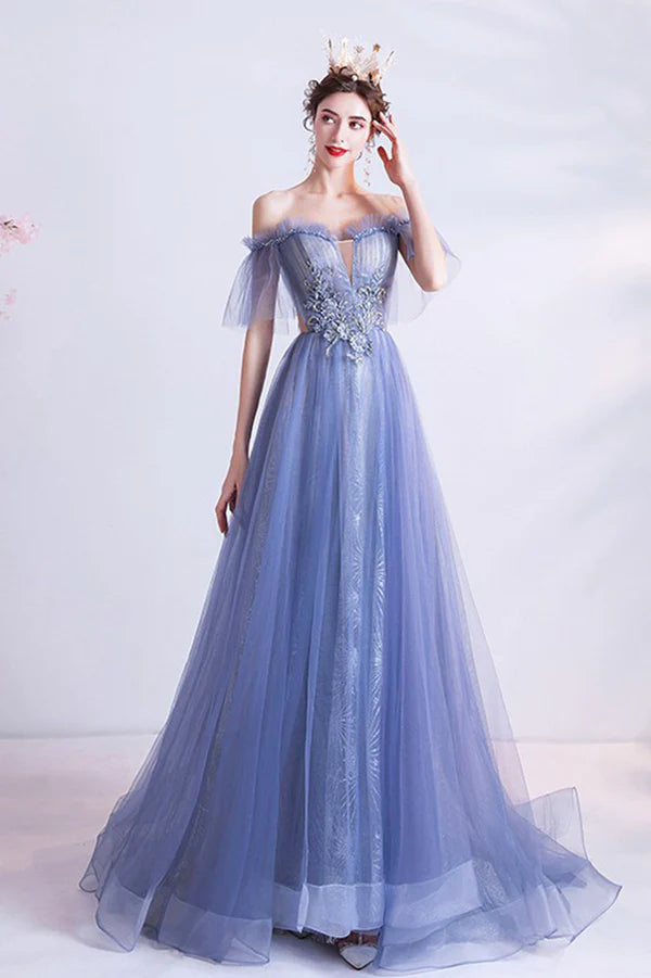 Off the Shoulder Lace Long Formal Dress Blue A-Line Evening Party Dress